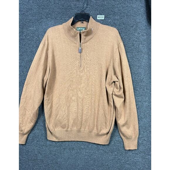 Orvis Sweater Mens Size L Tan Quarter Zip Long Sleeve Silk Cashmere Blend - Picture 1 of 7